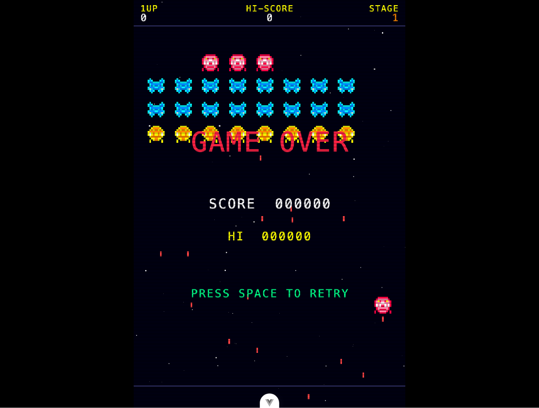 A generated Galaga-style game screen with the player ship firing at enemy formations.