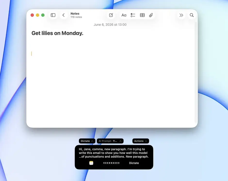 FluidVoice's dictation overlay transcribing speech into an Apple Notes window.