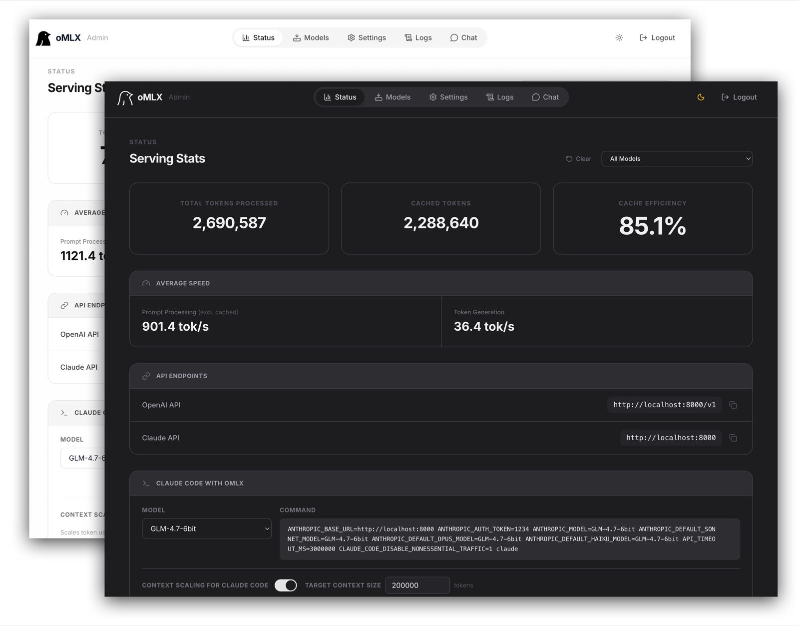 The oMLX admin dashboard showing serving stats, API endpoints and a Claude Code launch command.